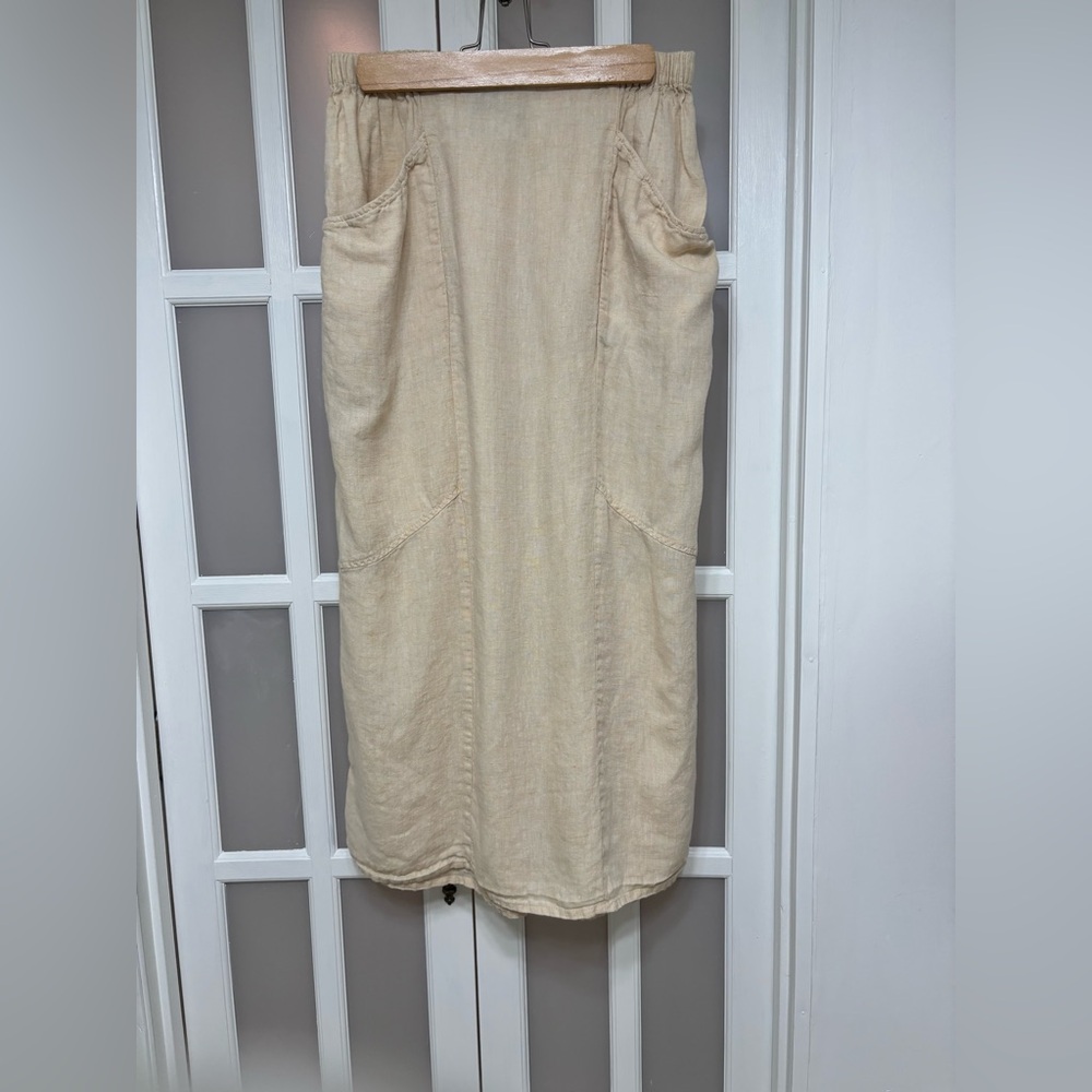 Flax 100% Linen Skirt Beige Small Pockets Casual Minimalist Cottage Luxury